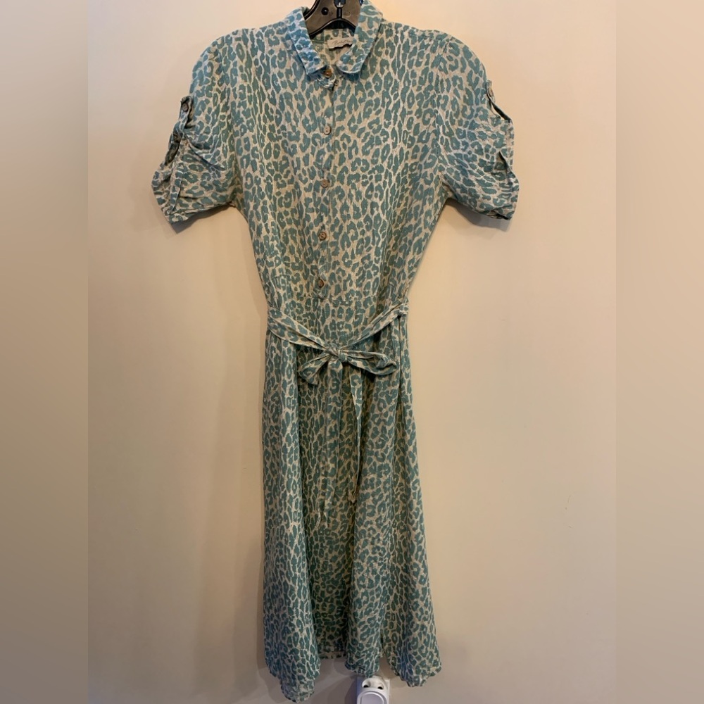 BELLAMBIA Made In Italy Linen Green Leopard Print Dress